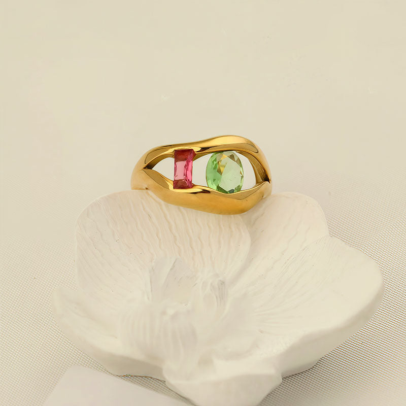 18K Gold Plated Unique Two Zircon Ring Stainless Steel