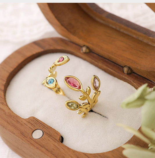 Gold Colorful Leaf Crystal Ring