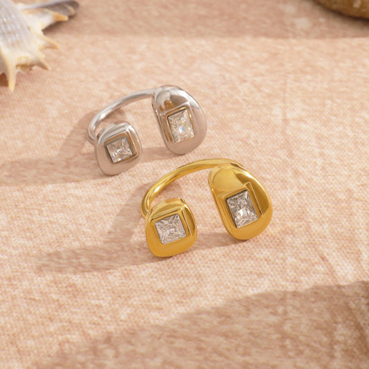 18K Gold Plated Stainless Steel Square Zircon Open Ring