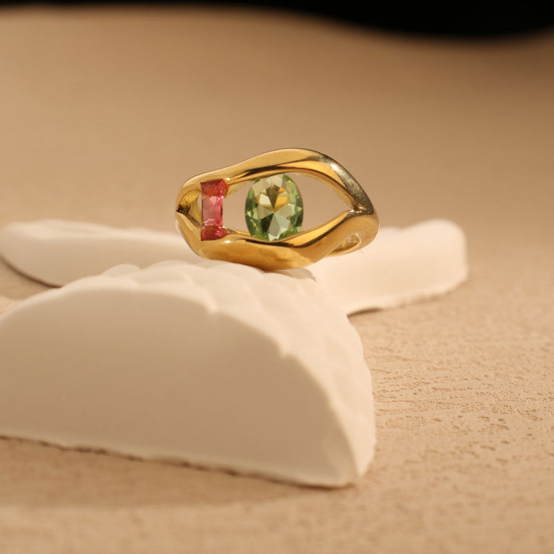 18K Gold Plated Unique Two Zircon Ring Stainless Steel