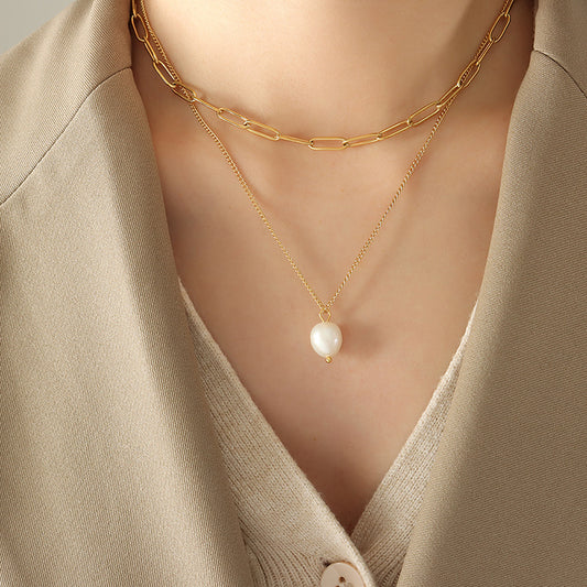 Gold Freshwater Pearl Double Layer Paperclip Necklace
