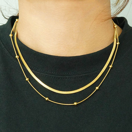 18K Gold-Plated Stainless Steel Double-Layer Necklace with Bead & Flat Snake Chain