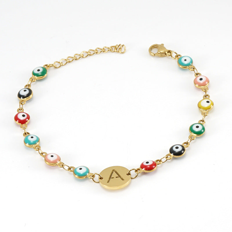 Stainless Steel Bracelet with Evil Eye Charms & Custom Letter Pendant – Gold Plated