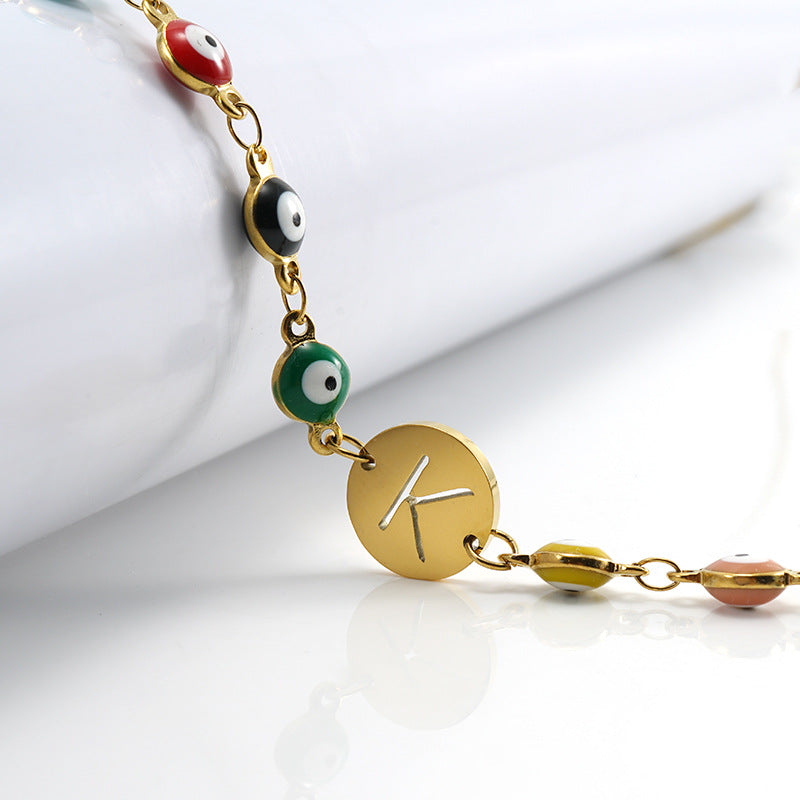 Stainless Steel Bracelet with Evil Eye Charms & Custom Letter Pendant – Gold Plated