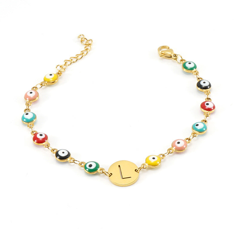 Stainless Steel Bracelet with Evil Eye Charms & Custom Letter Pendant – Gold Plated