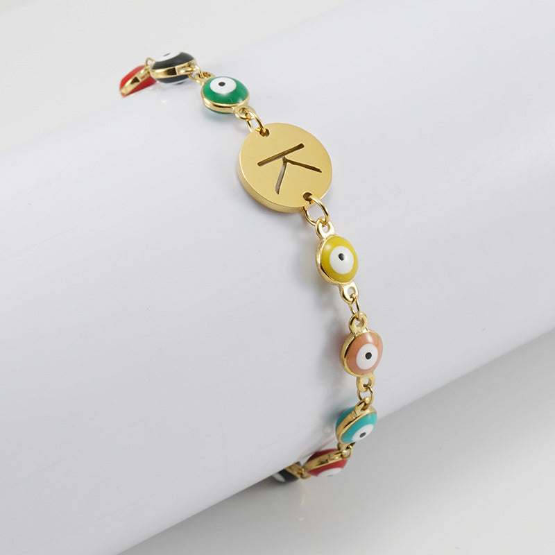 Stainless Steel Bracelet with Evil Eye Charms & Custom Letter Pendant – Gold Plated