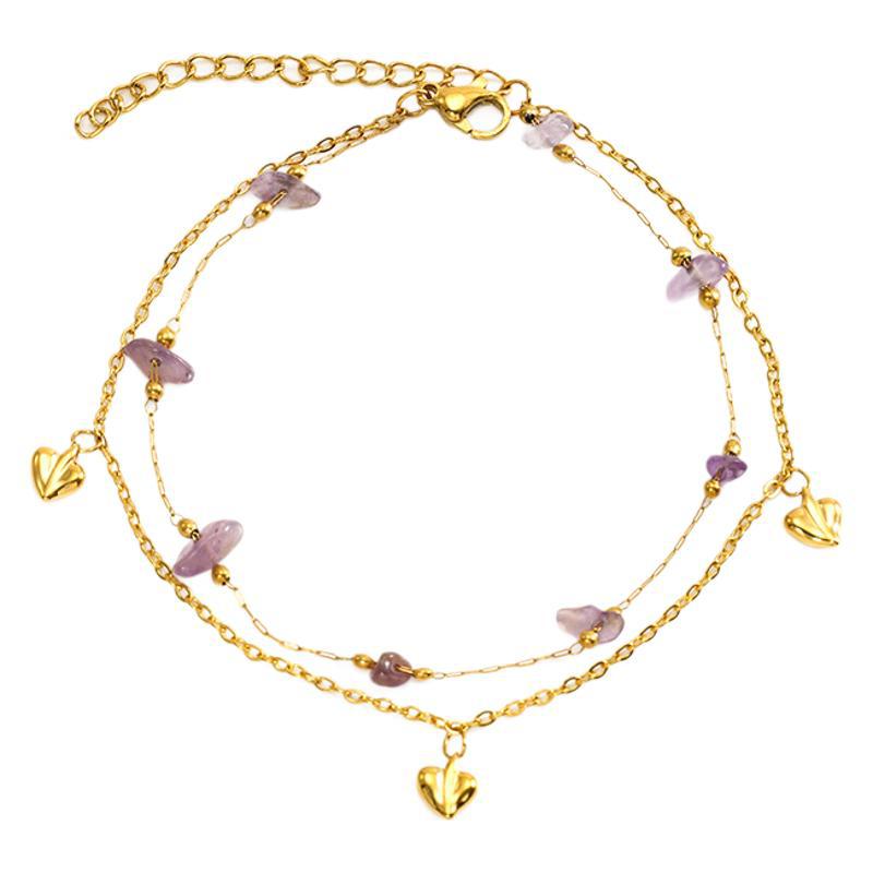 Double-Layer Bracelet with Heart Charm & Natural Stone Beads in 18k Gold-Plated Stainless Steel