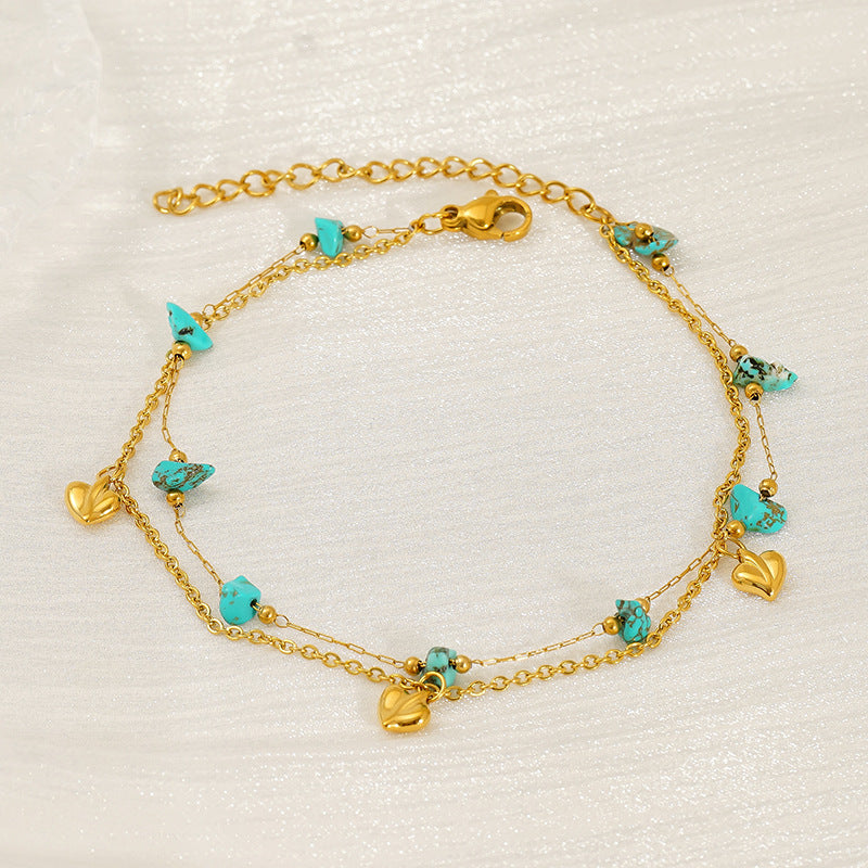Double-Layer Bracelet with Heart Charm & Natural Stone Beads in 18k Gold-Plated Stainless Steel