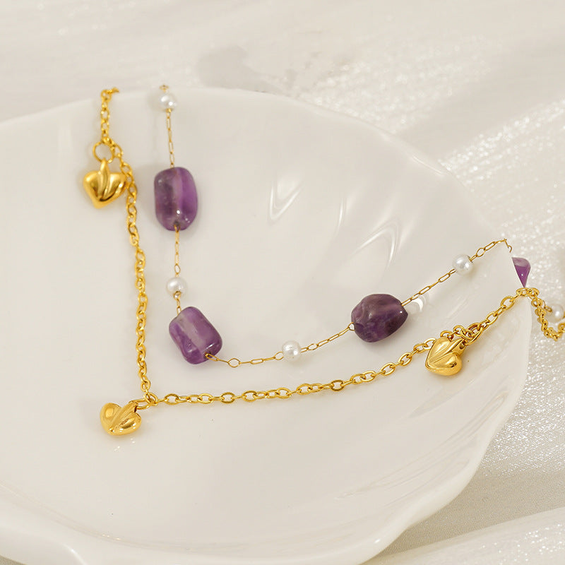 Double-Layer Bracelet with Heart Charm & Natural Stone Beads in 18k Gold-Plated Stainless Steel