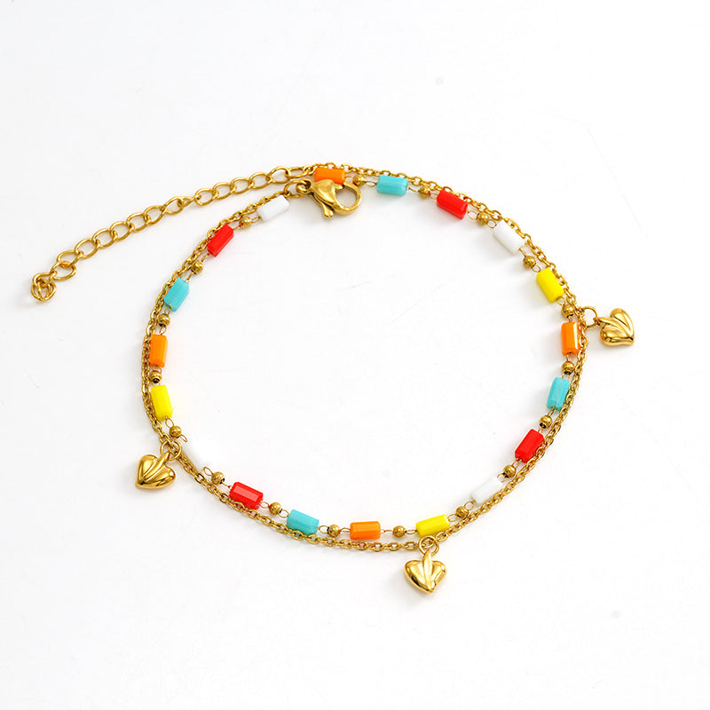 Double-Layer Bracelet with Heart Charm & Natural Stone Beads in 18k Gold-Plated Stainless Steel