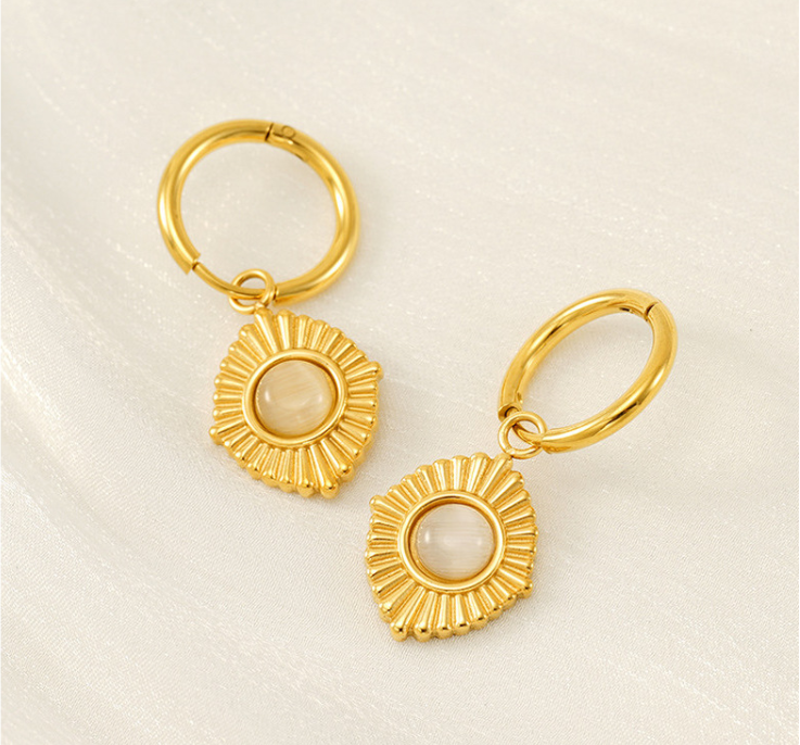 Unique Hoop Earrings with Opal Pendant in 18k Gold-Plated Stainless Steel