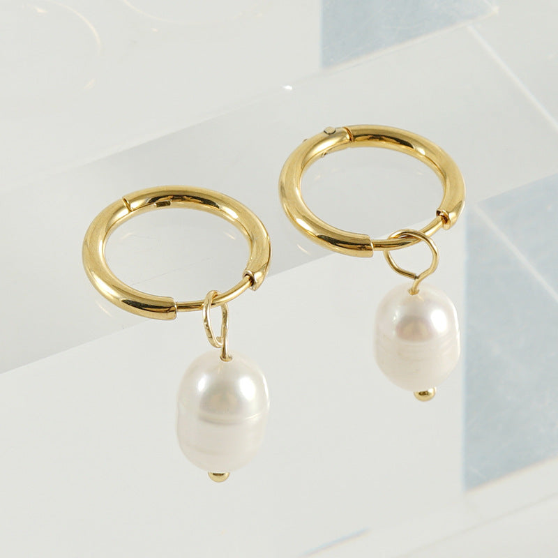 Pendant Earrings with Freshwater Pearl in 18k Gold-Plated Stainless Steel