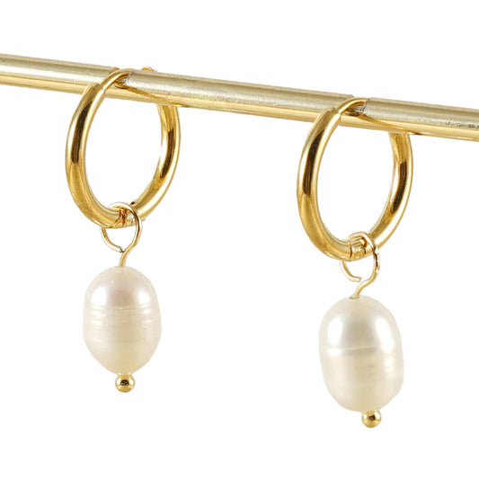 Pendant Earrings with Freshwater Pearl in 18k Gold-Plated Stainless Steel