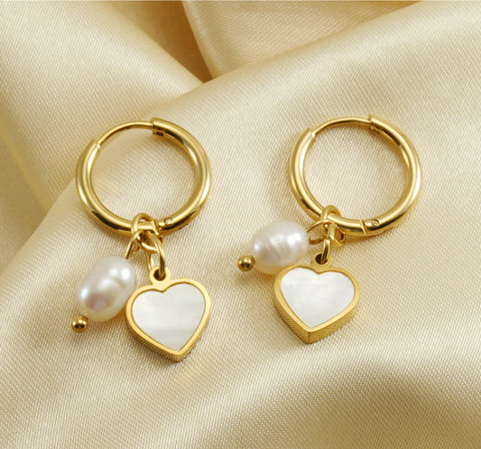 Heart and Pearl Drop Earrings in 18k Gold-Plated Stainless Steel
