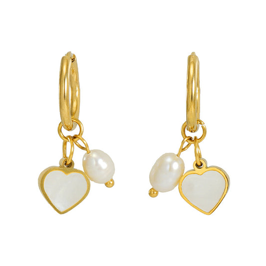 Heart and Pearl Drop Earrings in 18k Gold-Plated Stainless Steel