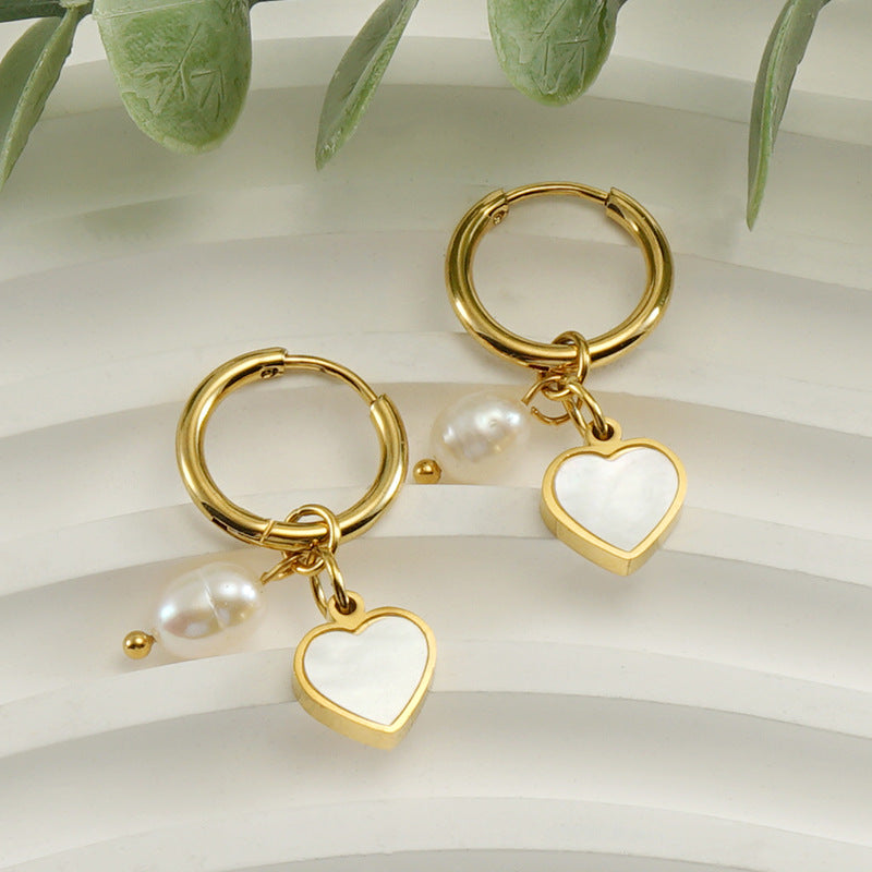 Heart and Pearl Drop Earrings in 18k Gold-Plated Stainless Steel