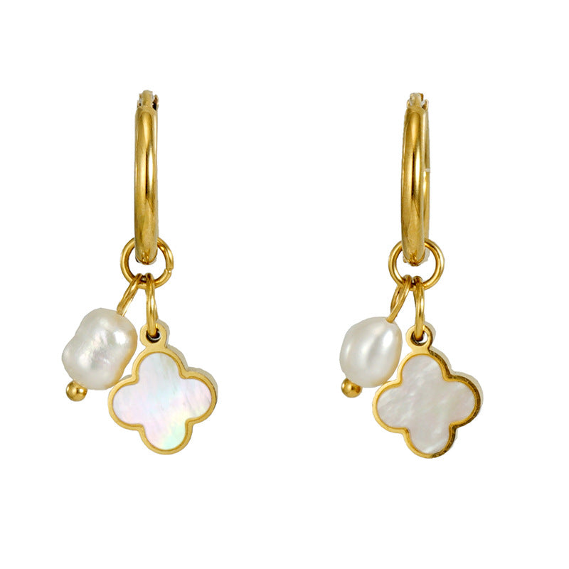 Clover Pearl Drop Earrings in 18k Gold-Plated Stainless Steel