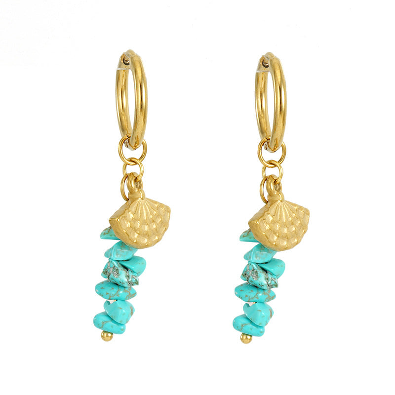 Hoop Earrings with Turquoise & Fan-Shaped Seashell in 18k Gold-Plated Stainless Steel