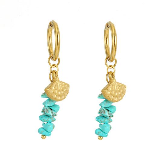 Hoop Earrings with Turquoise & Fan-Shaped Seashell in 18k Gold-Plated Stainless Steel