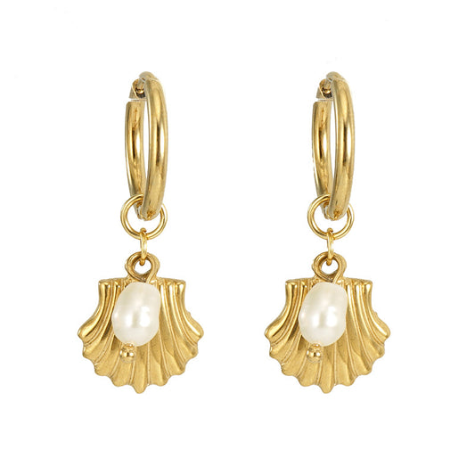Hoop Earrings with Pearl & Seashell Pendant in 18k Gold-Plated Stainless Steel