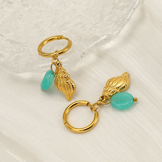 Drop Hoop Earrings with Seashell & Turquoise Pendant in 18k Gold-Plated Stainless Steel