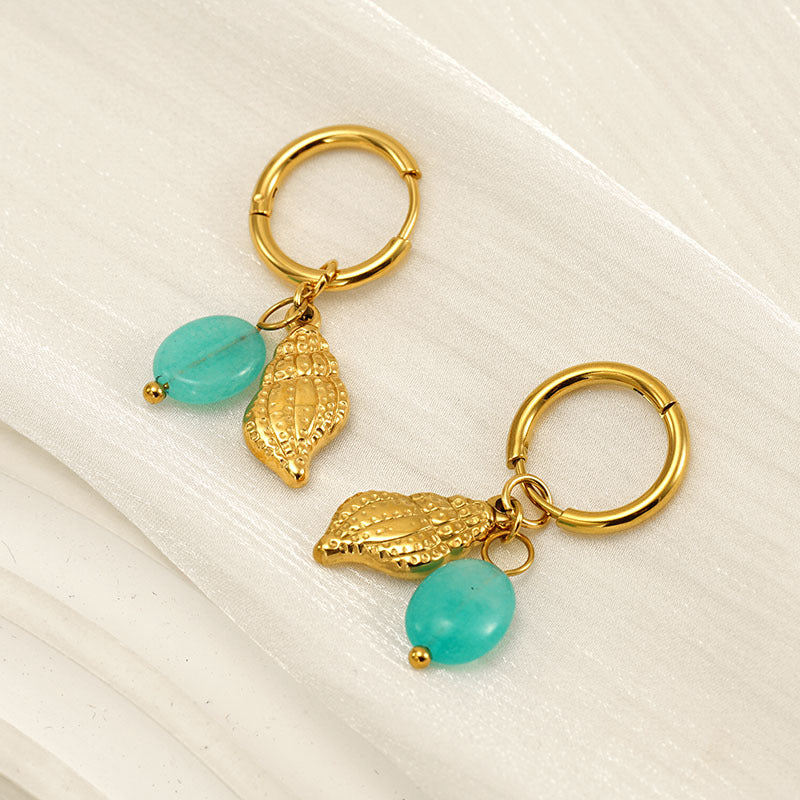 Drop Hoop Earrings with Seashell & Turquoise Pendant in 18k Gold-Plated Stainless Steel