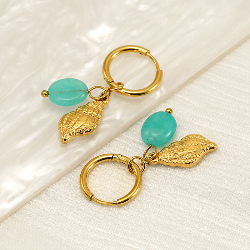 Drop Hoop Earrings with Seashell & Turquoise Pendant in 18k Gold-Plated Stainless Steel