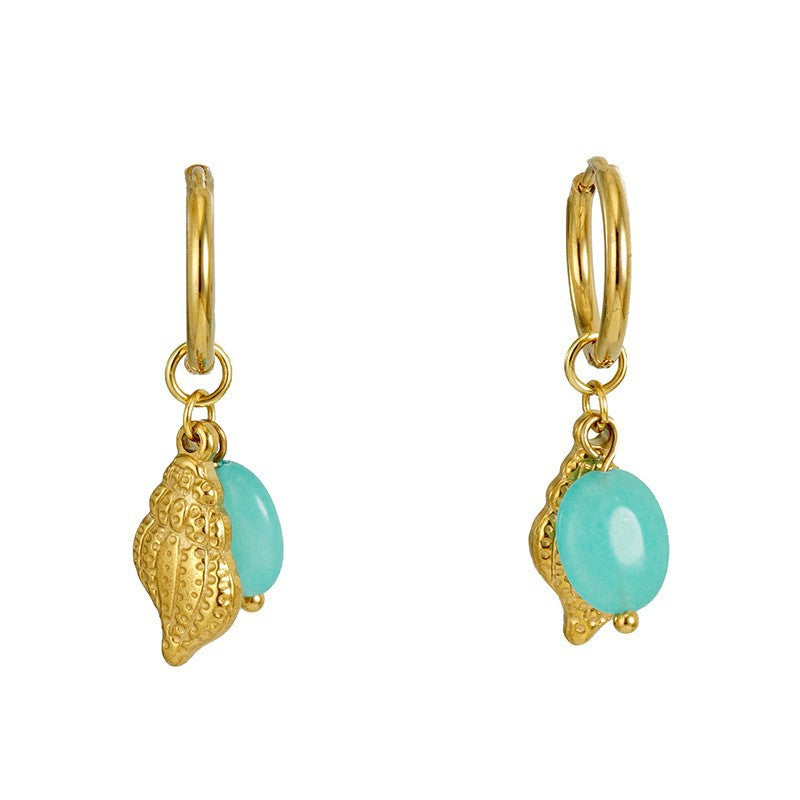 Drop Hoop Earrings with Seashell & Turquoise Pendant in 18k Gold-Plated Stainless Steel
