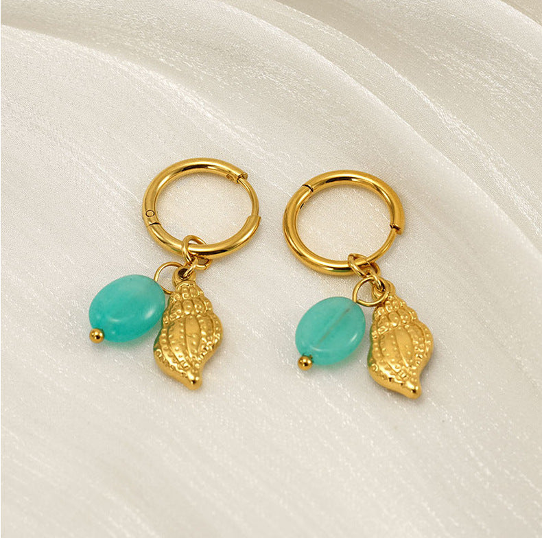 Drop Hoop Earrings with Seashell & Turquoise Pendant in 18k Gold-Plated Stainless Steel