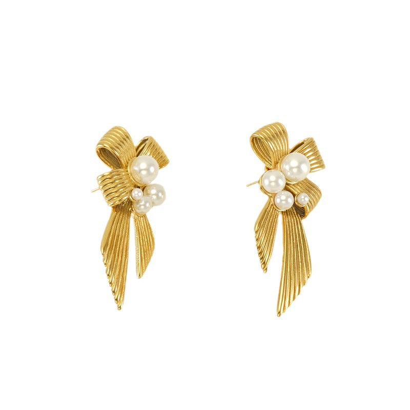 Pearl Bow Stud Earrings in 18k Gold-Plated Stainless Steel