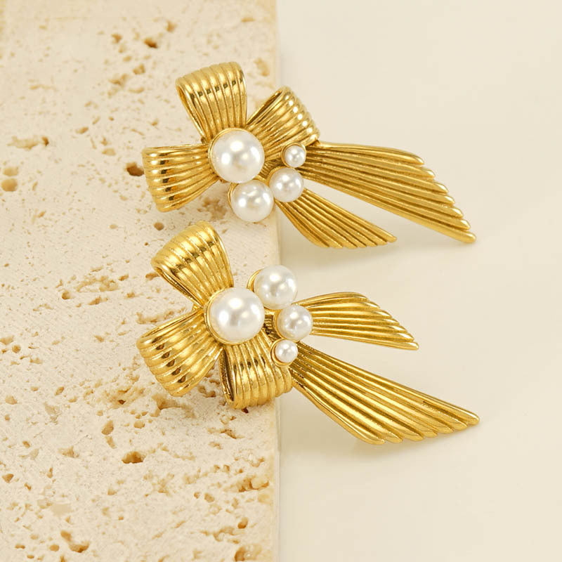 Pearl Bow Stud Earrings in 18k Gold-Plated Stainless Steel