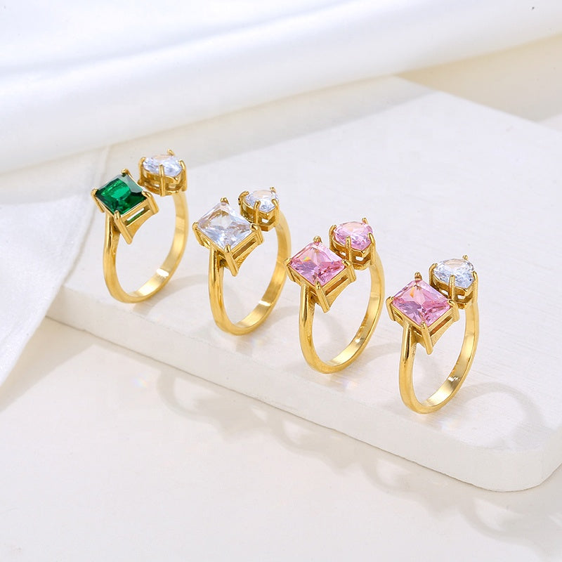 Double Pink Zircon Gold Ring 18K Gold Plated Stainless Steel