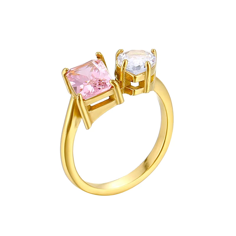 Pink & Clear Zircon Gold Ring 18K Gold Plated Stainless Steel