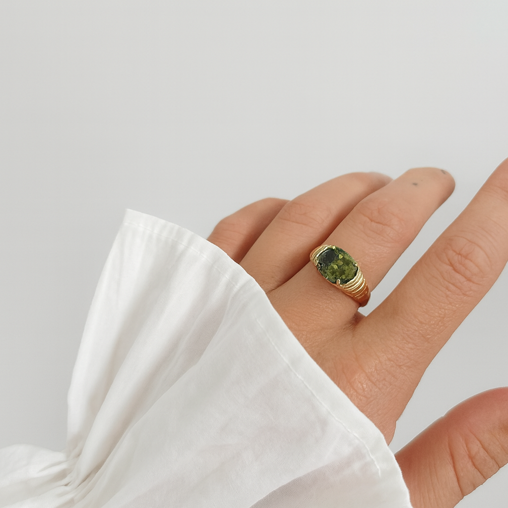 Green Zircon Gold Ring 18K Gold Plated Stainless Steel