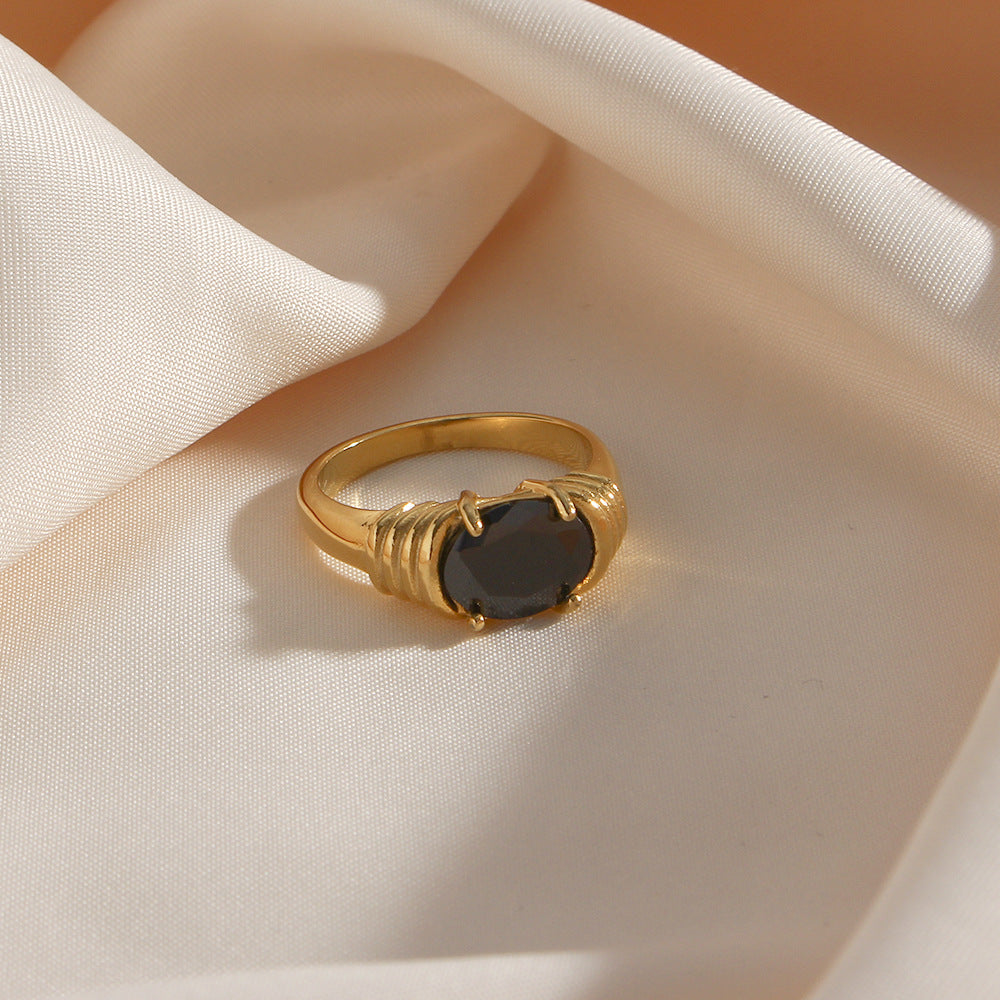 Gold Ring 18K Gold Plated Stainless Steel with Black Zircon