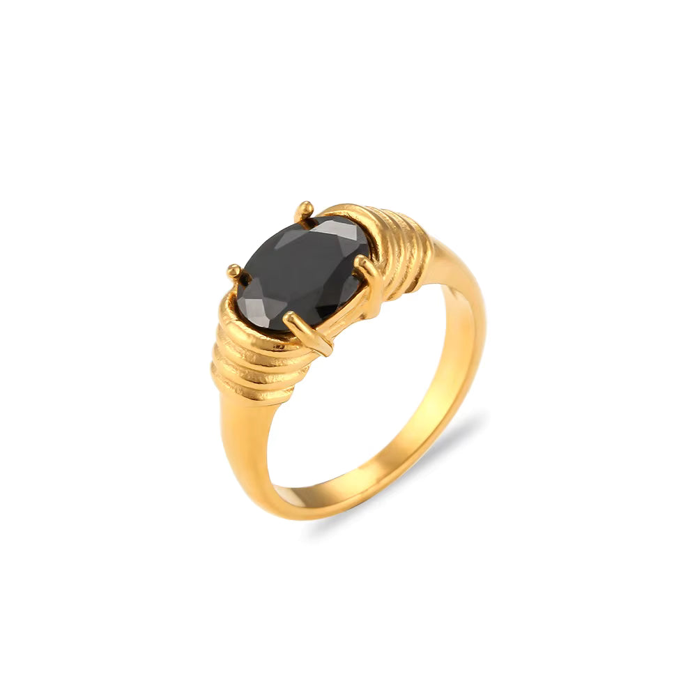 Gold Ring 18K Gold Plated Stainless Steel with Black Zircon