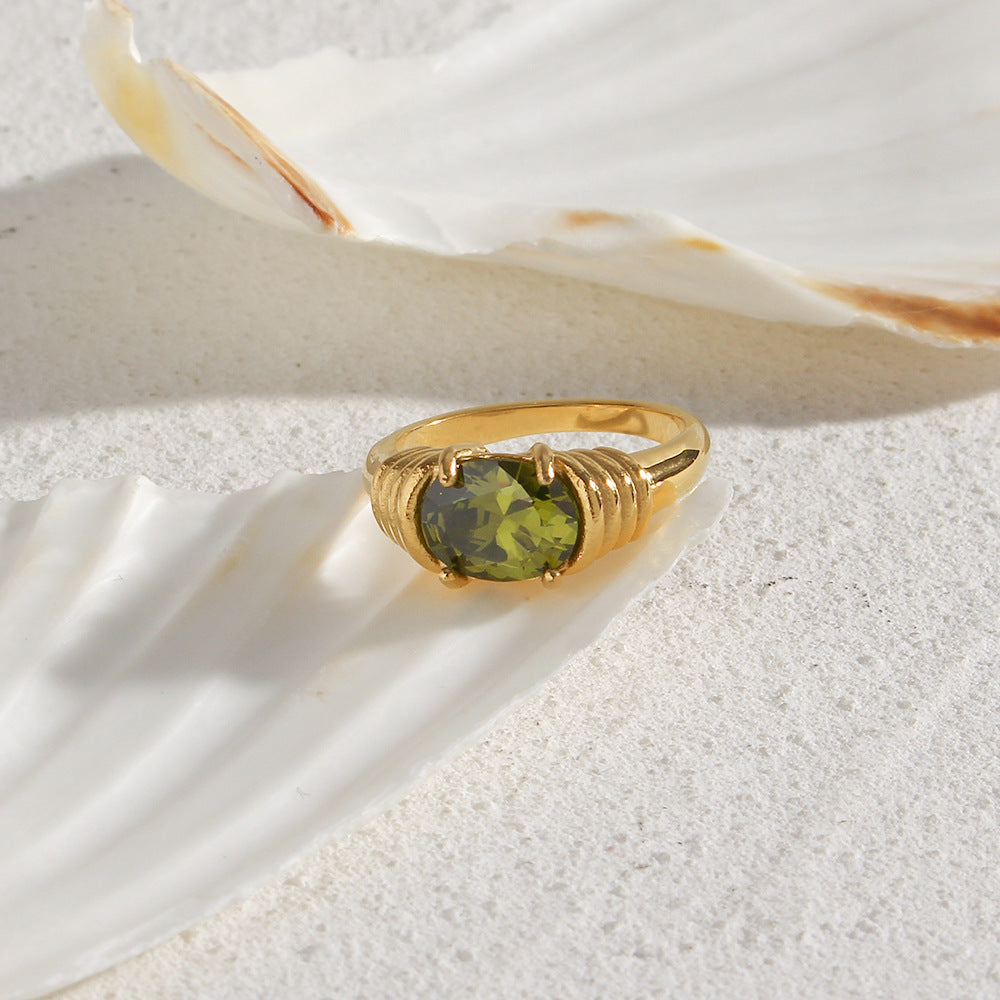 Green Zircon Gold Ring 18K Gold Plated Stainless Steel