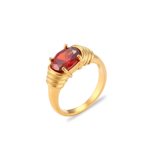 Red Zircon Gold Ring 18K Gold Plated Stainless Steel