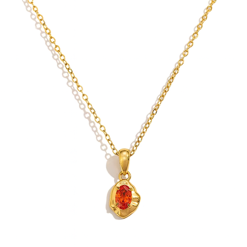 Orange Zircon Pendant Necklace 18K Gold Plated Stainless Steel