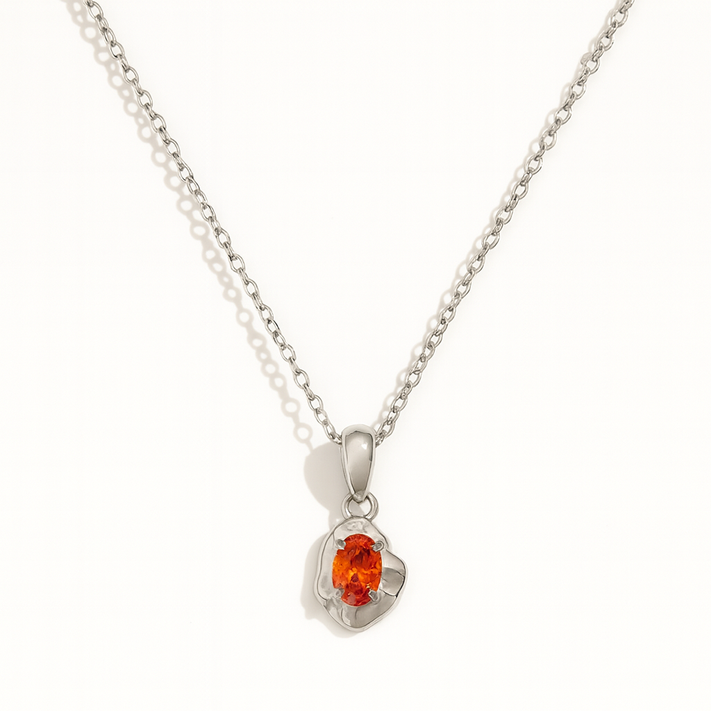 Orange Zircon Pendant Necklace Silver Plated Stainless Steel