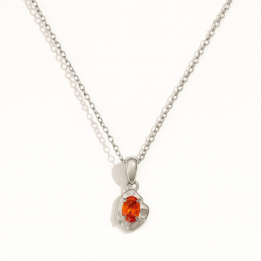 Orange Zircon Pendant Necklace Silver Plated Stainless Steel