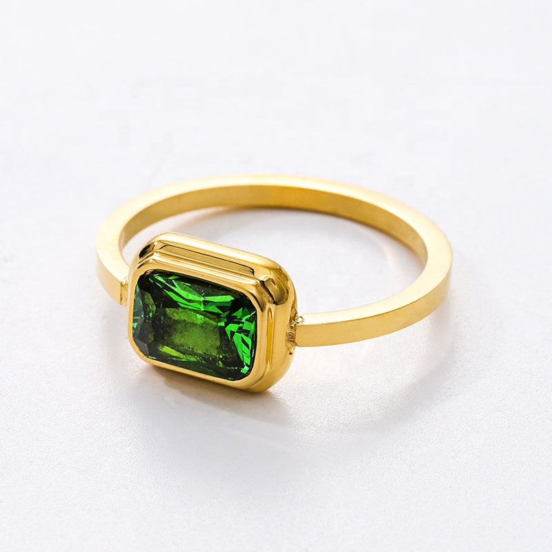 Green Zircon Gold Ring 18K Gold Plated Stainless Steel