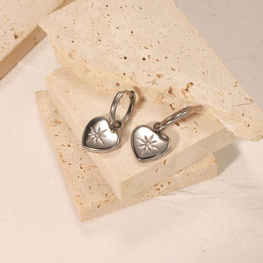 Heart Dangle Charm Hoop Earrings Silver Plated Stainless Steel
