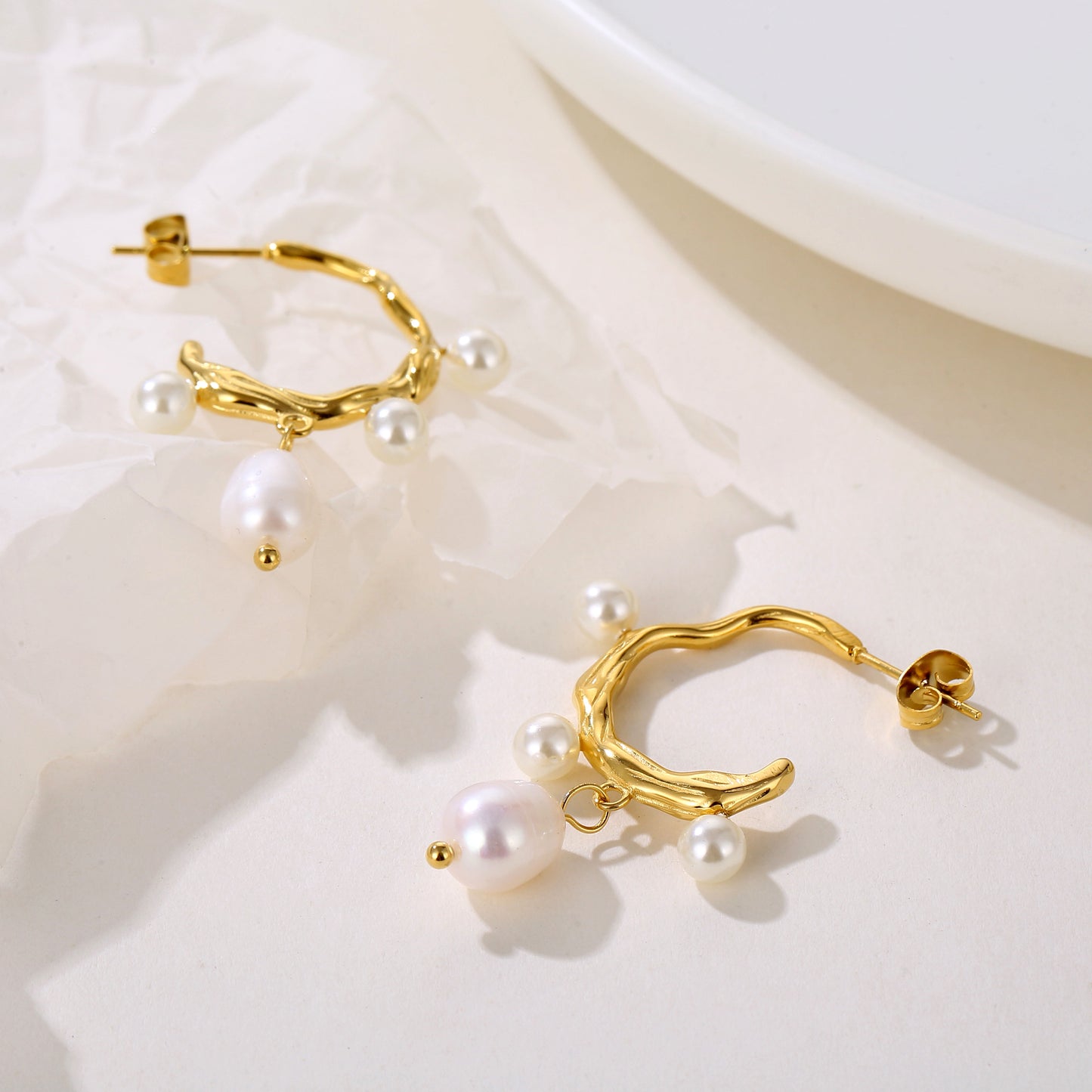 Organic Pearl Drop Hoop Earrings 18K Gold Plated Stainless Steel