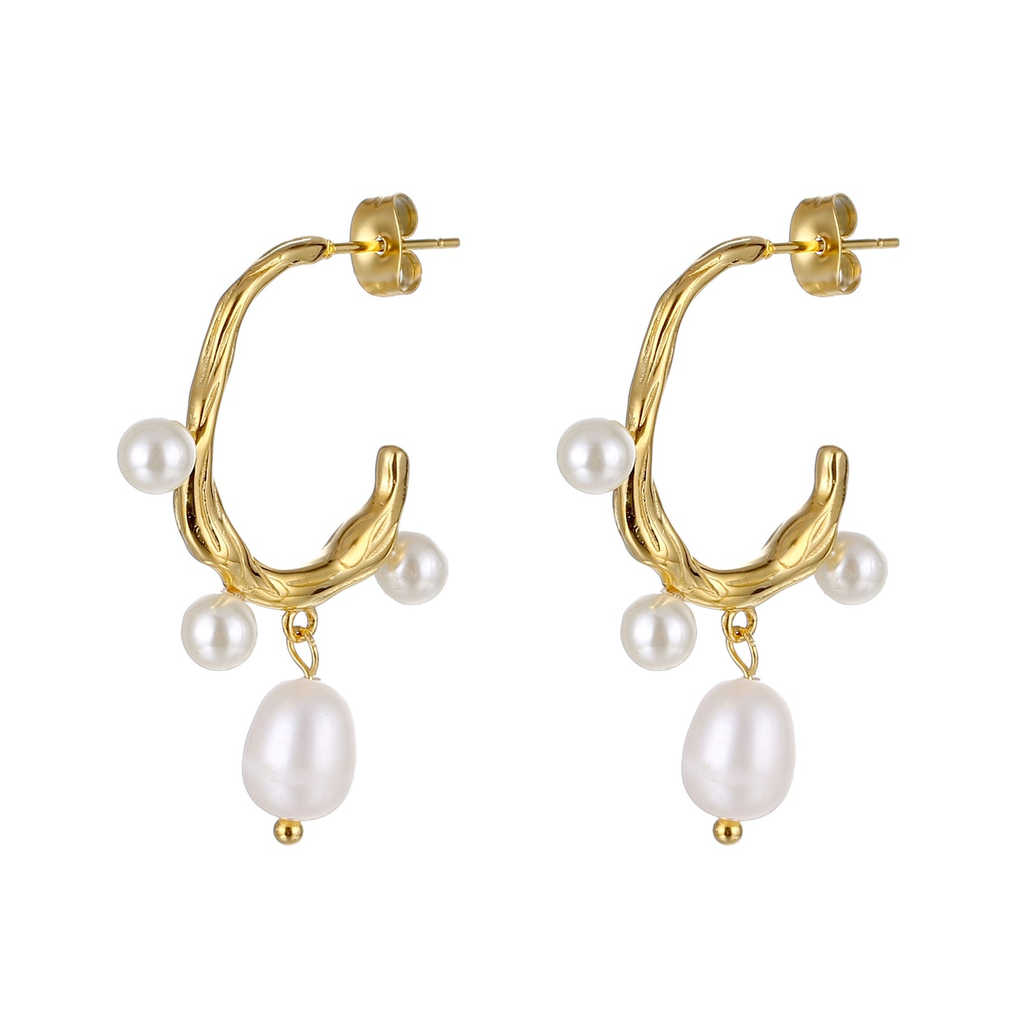 Organic Pearl Drop Hoop Earrings 18K Gold Plated Stainless Steel