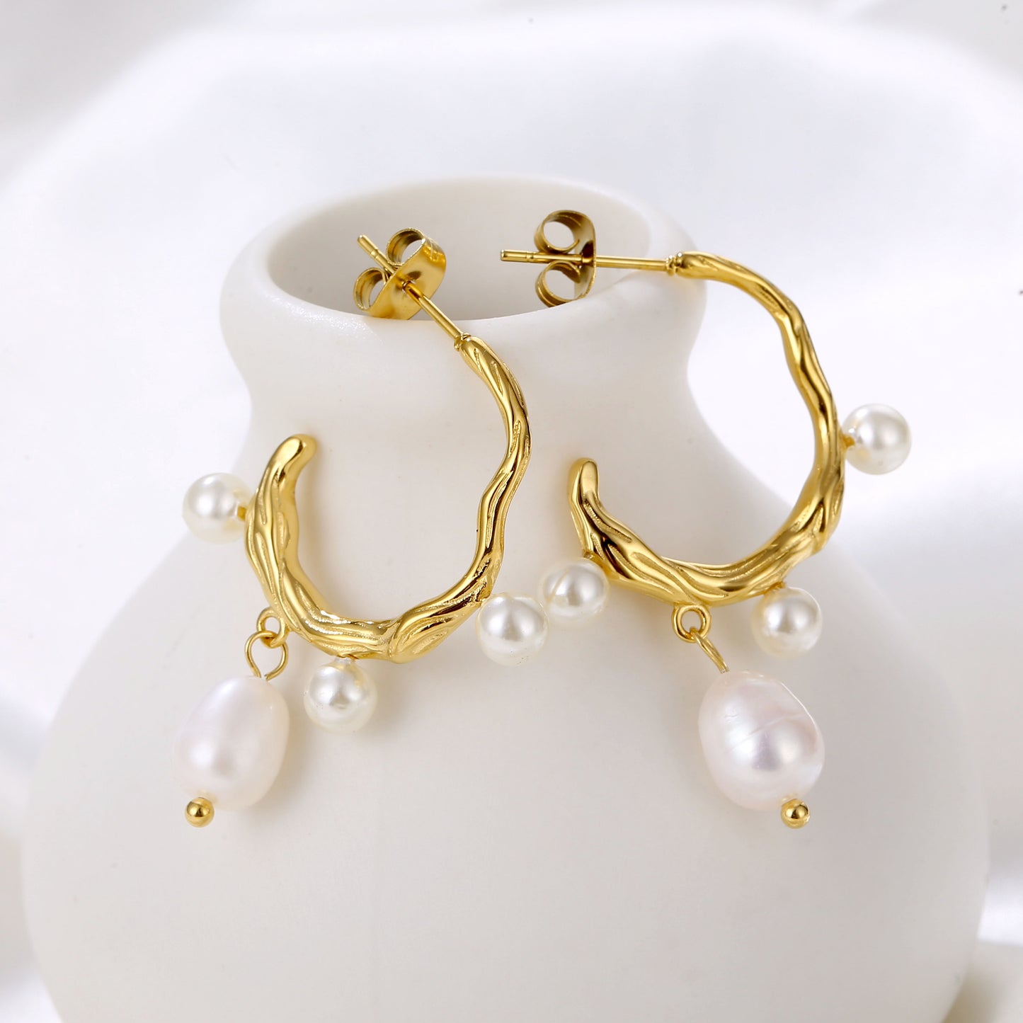 Organic Pearl Drop Hoop Earrings 18K Gold Plated Stainless Steel