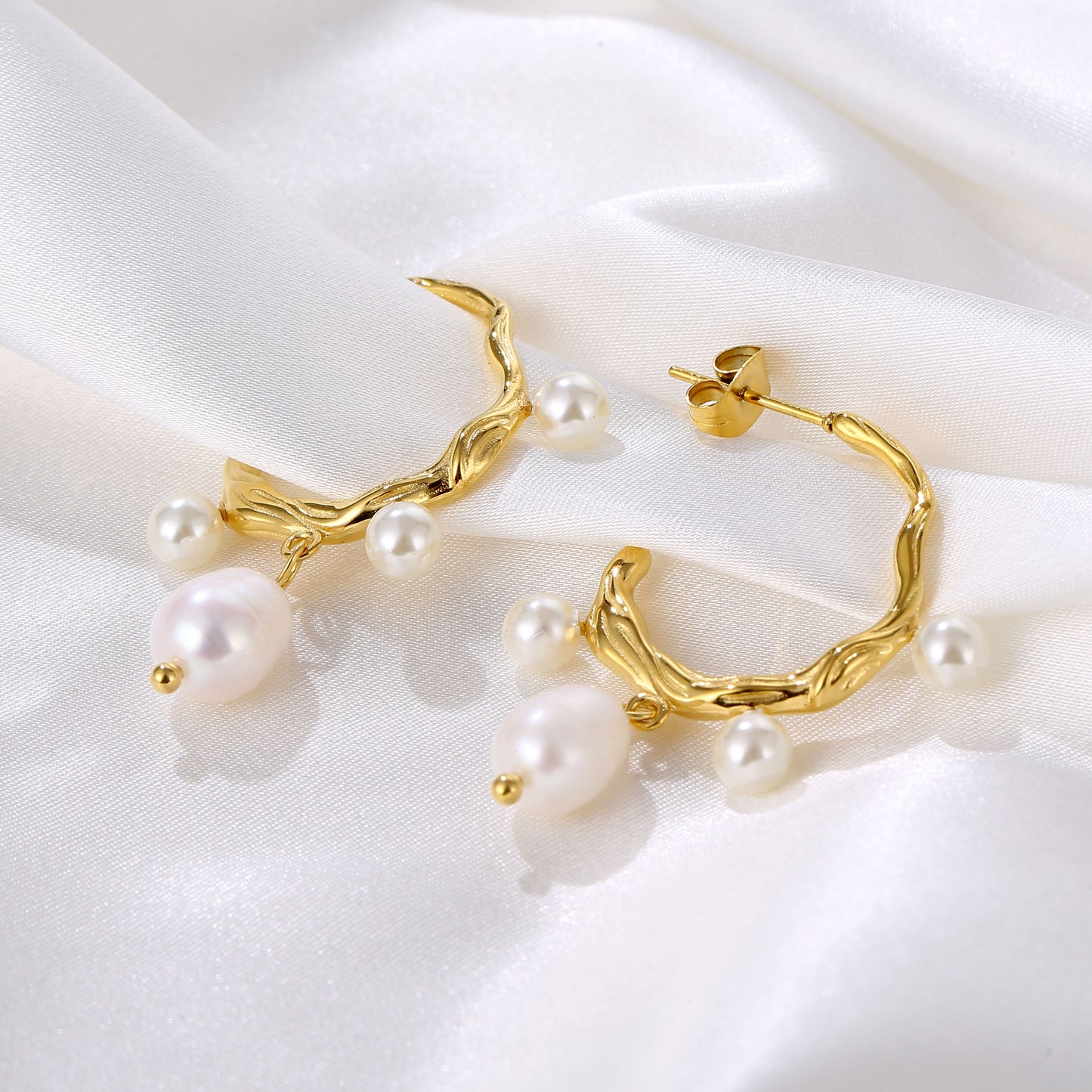 Organic Pearl Drop Hoop Earrings 18K Gold Plated Stainless Steel