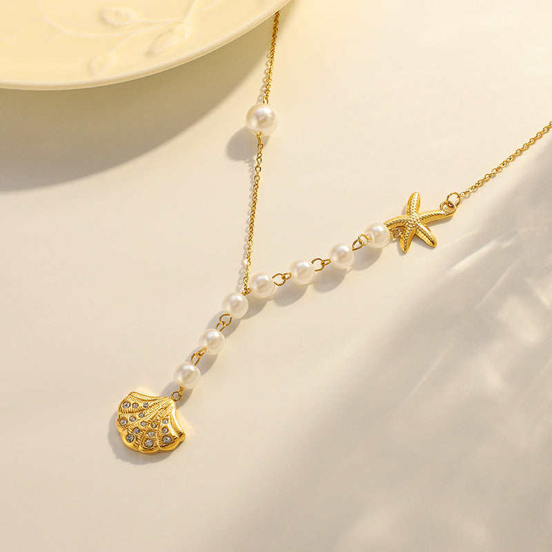 Pearl Starfish Shell Necklace 18K Gold Plated Stainless Steel