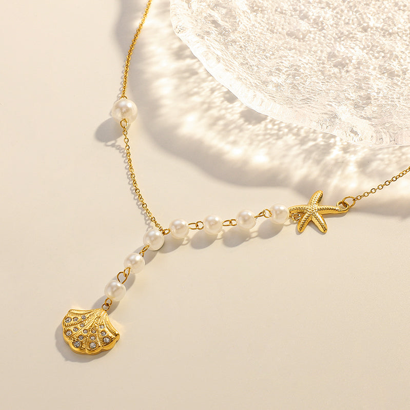 Pearl Starfish Shell Necklace 18K Gold Plated Stainless Steel