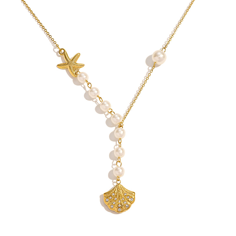 Pearl Starfish Shell Necklace 18K Gold Plated Stainless Steel